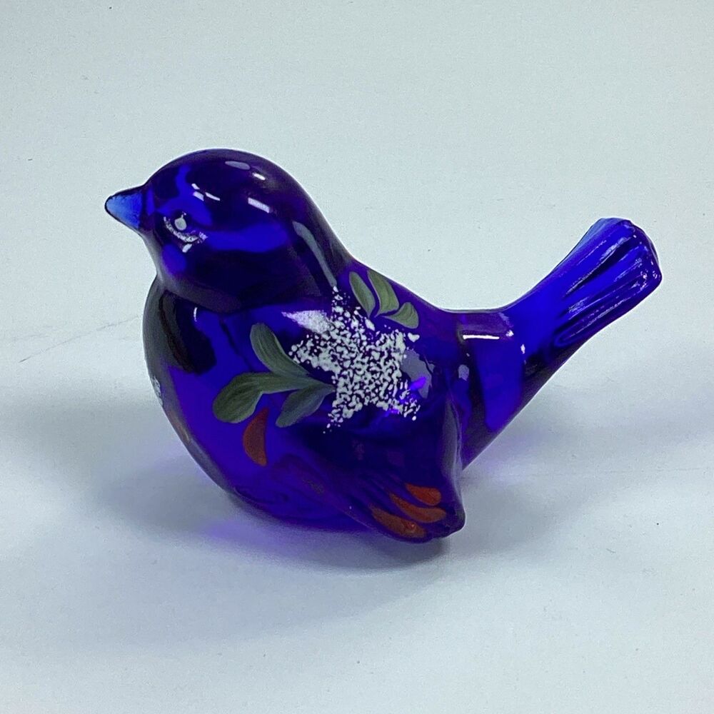 Fenton Art Glass Blue Bird Figurine Hand Painted Signed Lemon
